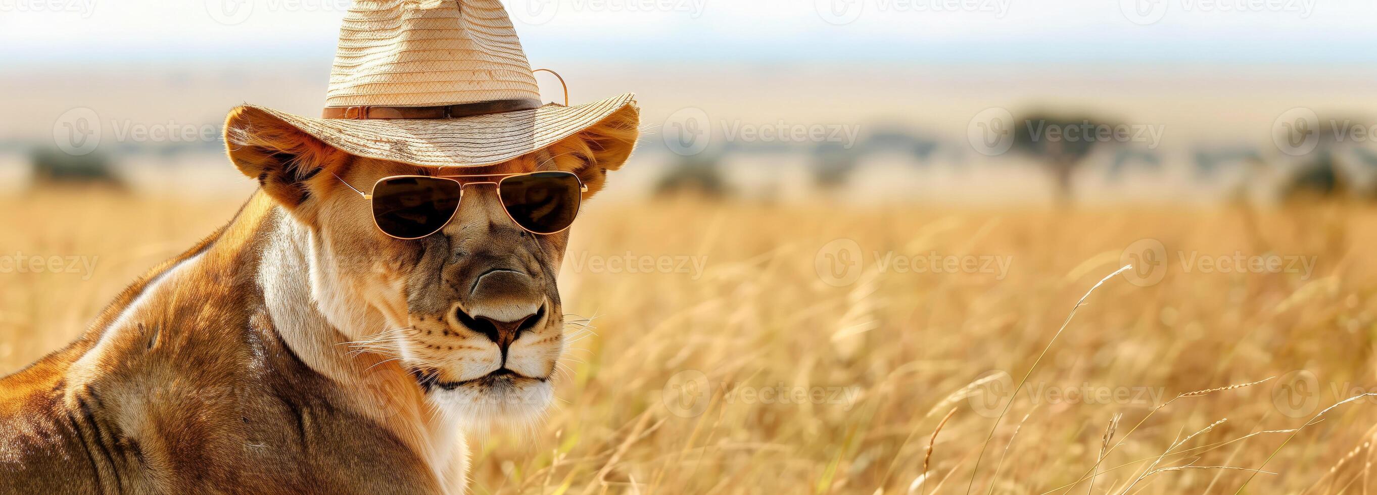 león en Paja sombrero y Gafas de sol, sabana fondo, ideal para safari excursión publicidad, bandera foto