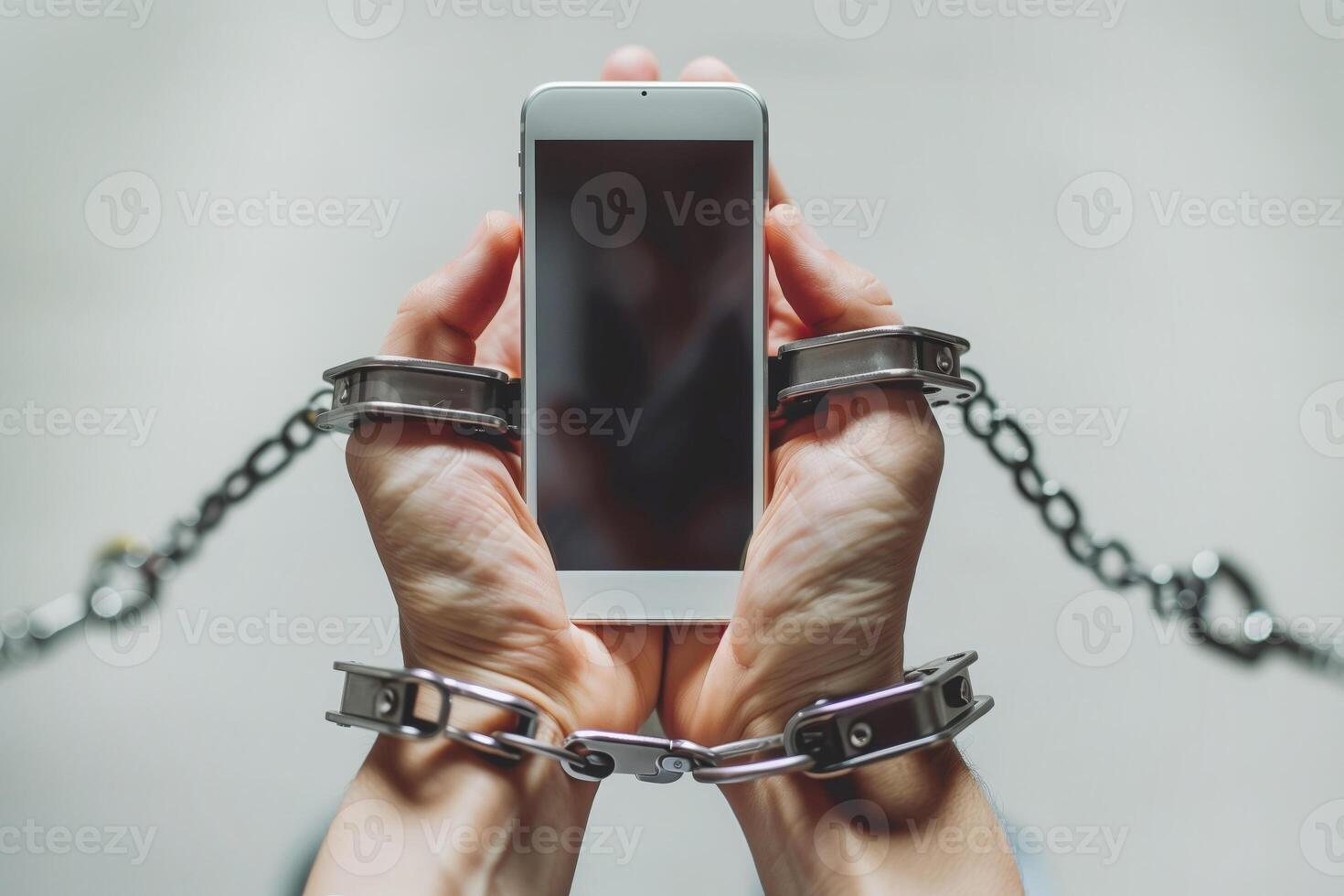 Hands are chained to a mobile phone on a white background, tech addiction and internet overuse photo