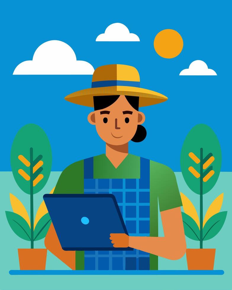 A farmer using their solarpowered laptop to manage and monitor their crops taking advantage of the sustainable energy source to power their device.. illustration. vector