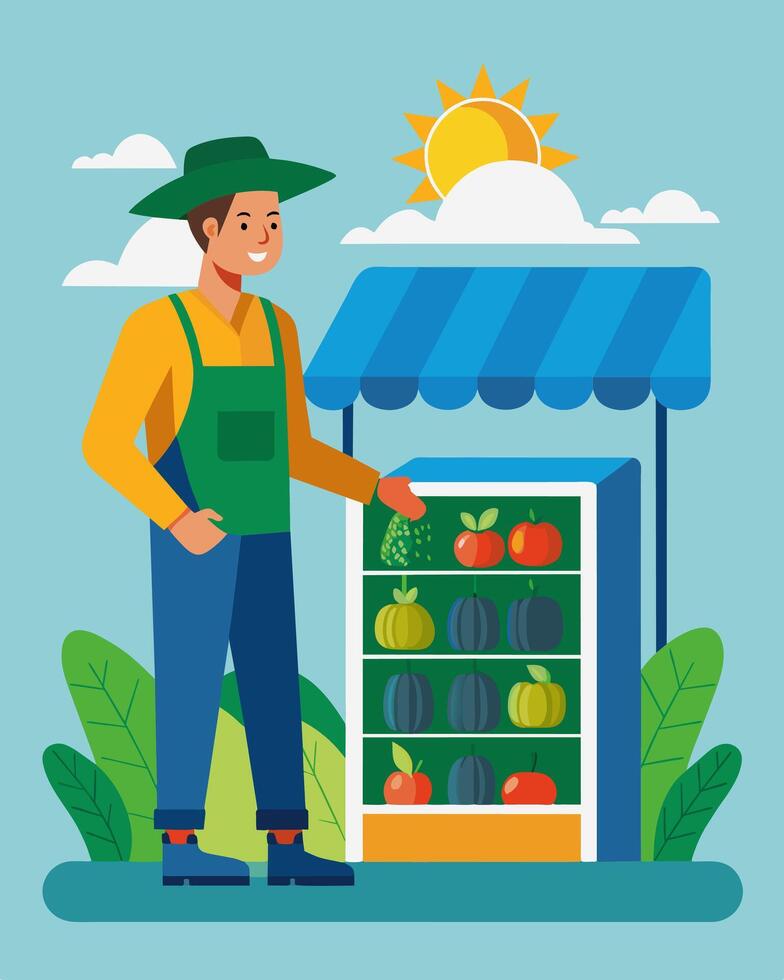 A farmers market vendor uses solarpowered refrigerators to store and transport their locally grown produce providing their customers with the freshest and most sustainable options vector