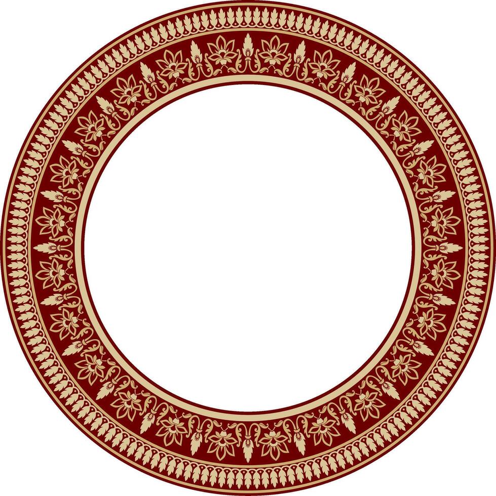 round gold with red Indian national ornament. Ethnic plant circle, border. Frame, flower ring. Poppies and leaves. vector