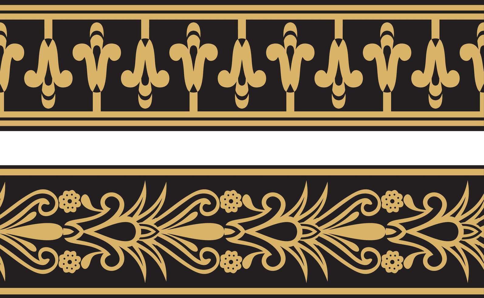 set of two gold seamless Egyptian border. Endless Ornaments of Ancient Egypt. Geometric African frame. vector