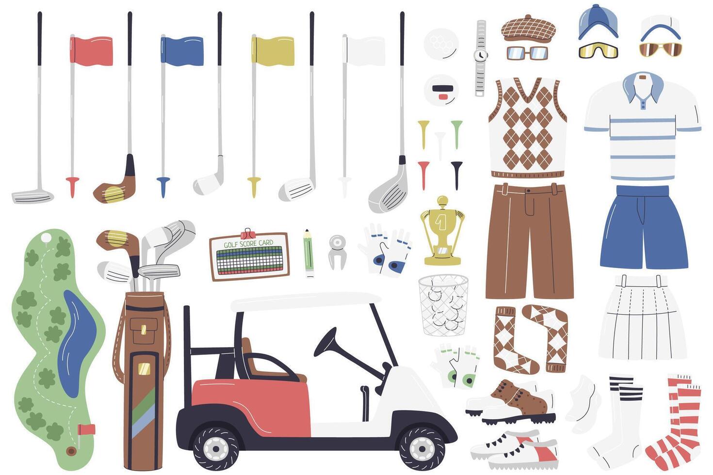 Golf club equipment and sportswear big collection. Professional inventory and golfer player clothing set. Golf course map and cart car. Businessmen outdoor sports hand drawn flat illustration vector