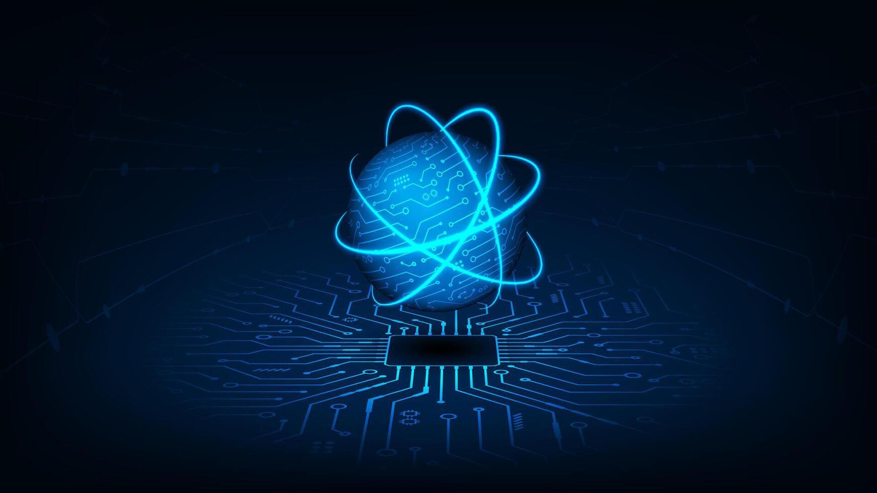 Digital communication concept, cyber cloud network with CPU. Futuristic blue light background. vector