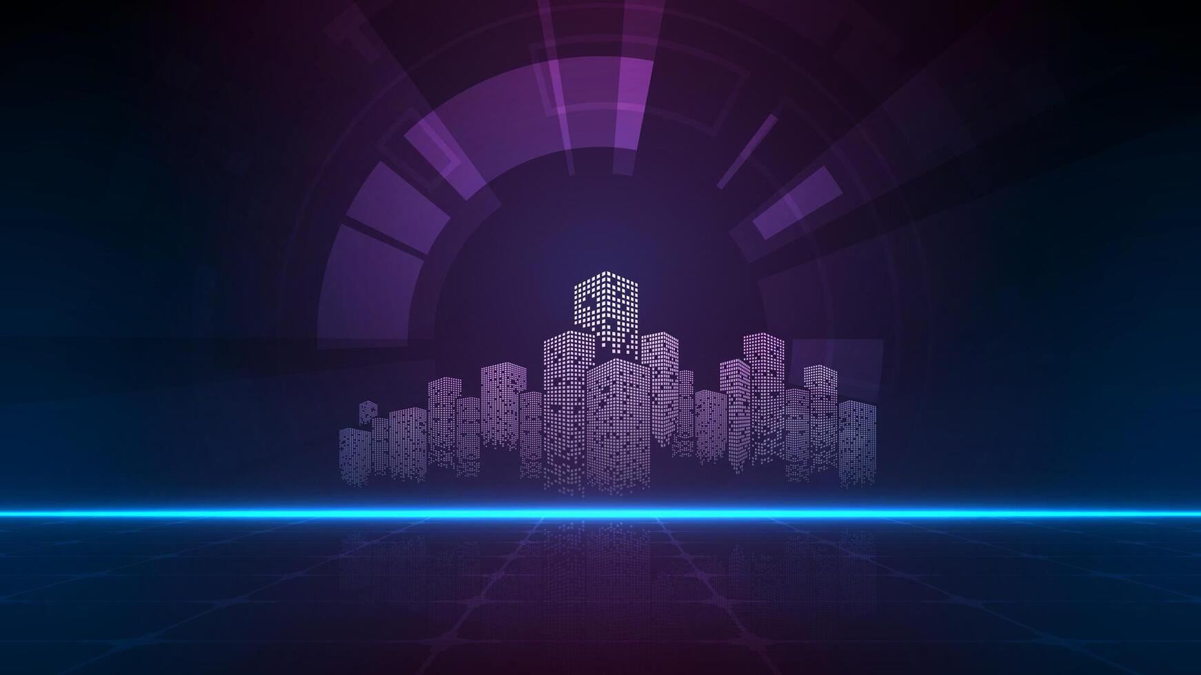 Futuristic abstract night landscape. Network and communication cyber city technology concept. vector