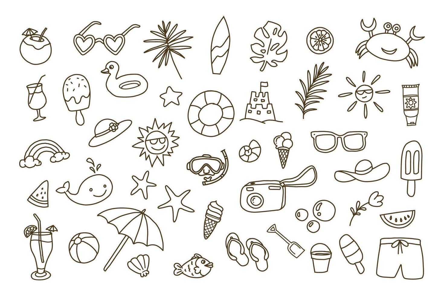 Beach and summer themed doodle design. The images include objects such as sunglasses, umbrellas and beach balls. vector