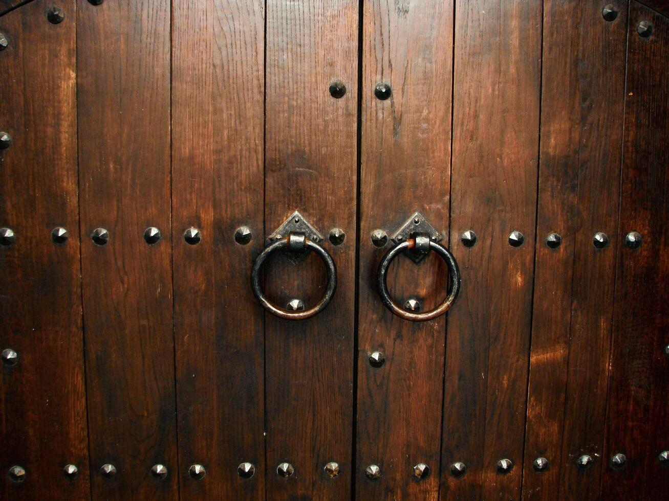 a wooden door with two rings on it photo