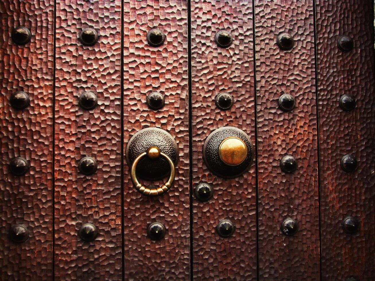 an old wooden door with a brass knob and a brass ring photo
