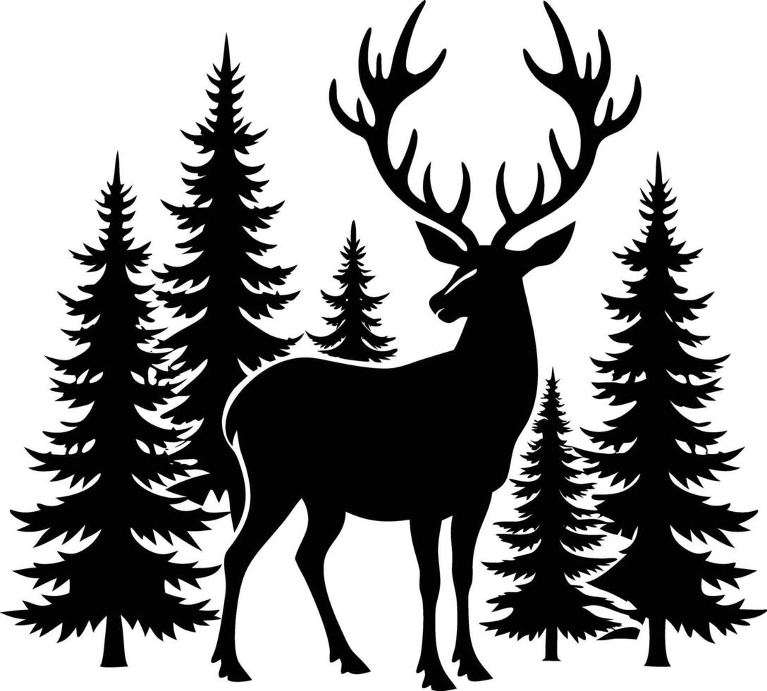 A silhouette of a deer in the forest illustration pine tree vector