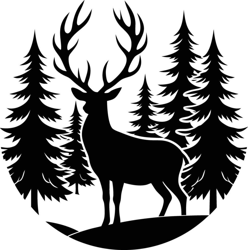 A silhouette of a deer in the forest illustration pine tree vector