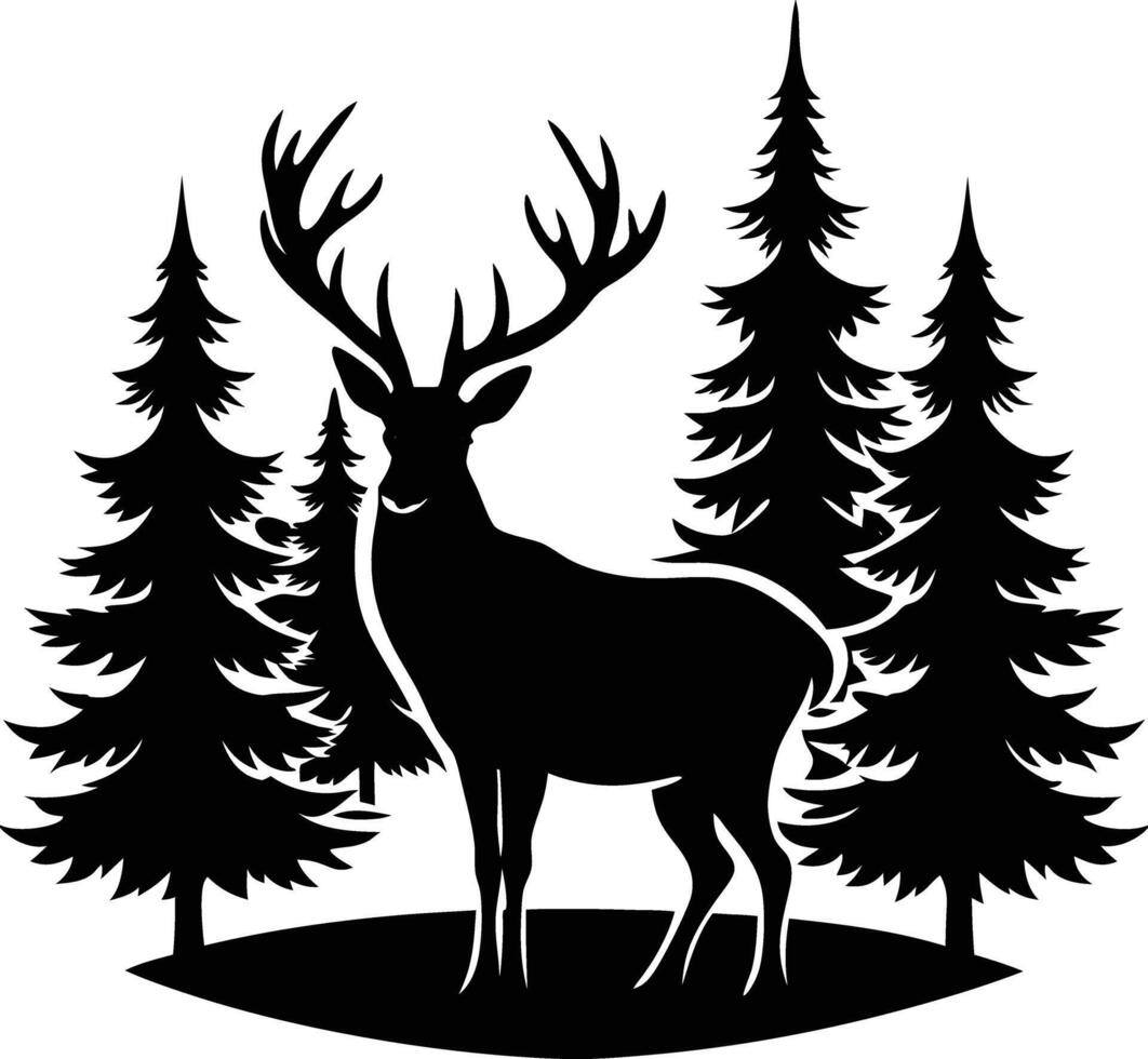 A silhouette of a deer in the forest illustration pine tree vector