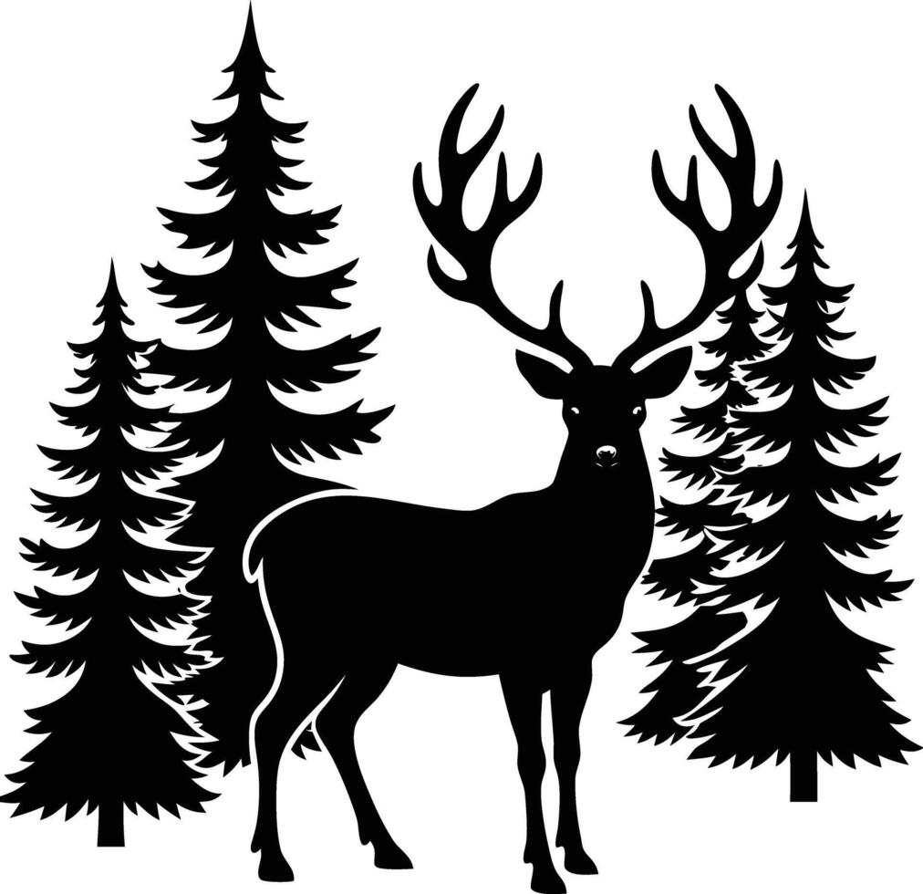 A silhouette of a deer in the forest illustration pine tree vector
