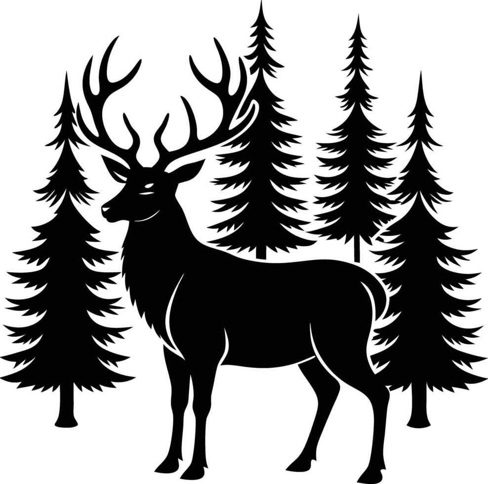 A silhouette of a deer in the forest illustration pine tree vector