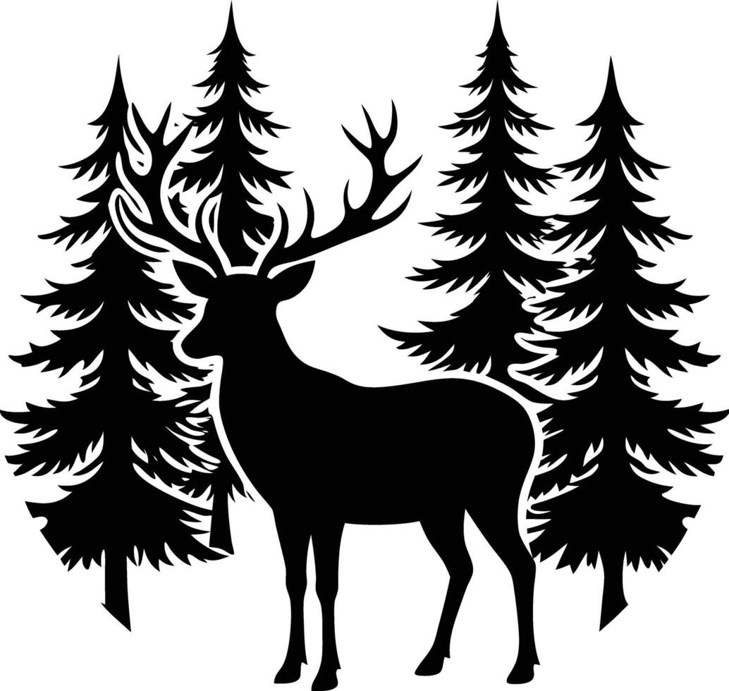 A silhouette of a deer in the forest illustration pine tree vector