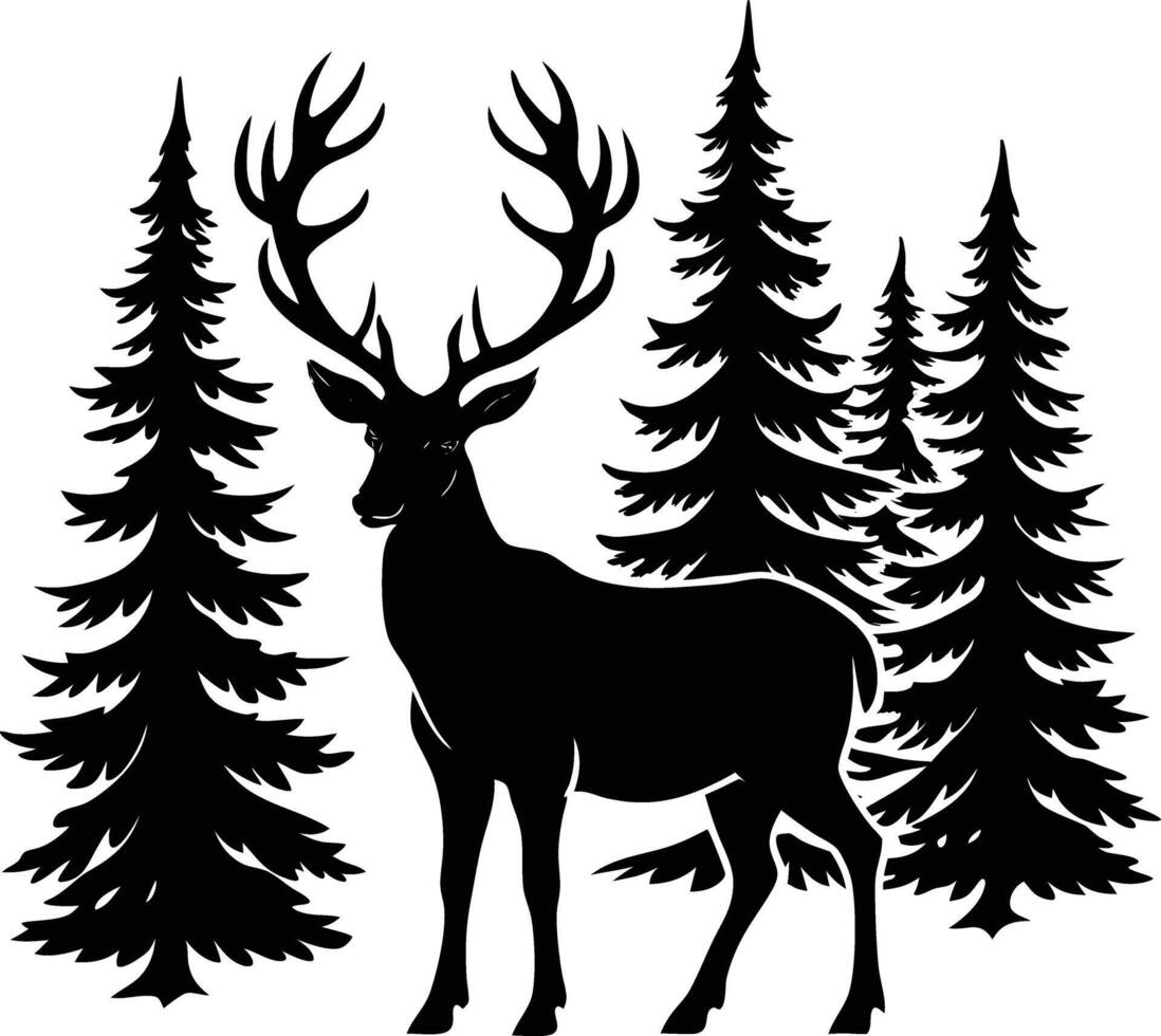 A silhouette of a deer in the forest illustration pine tree vector