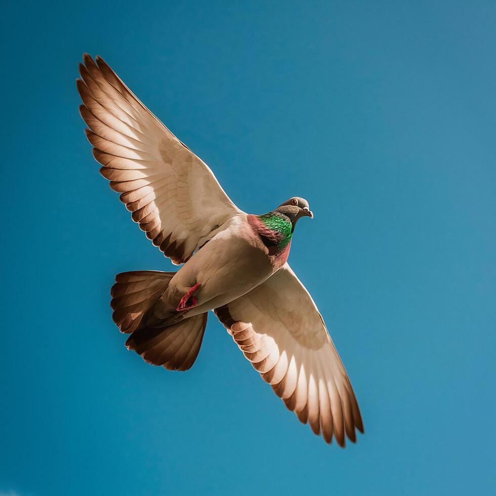 A Photo of flying pigeon against clear blue sky
