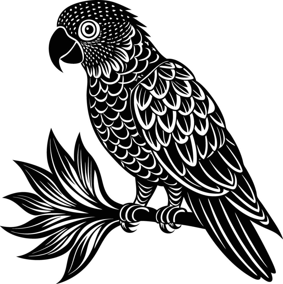 A black and white illustration of a parrot sitting on a branch vector
