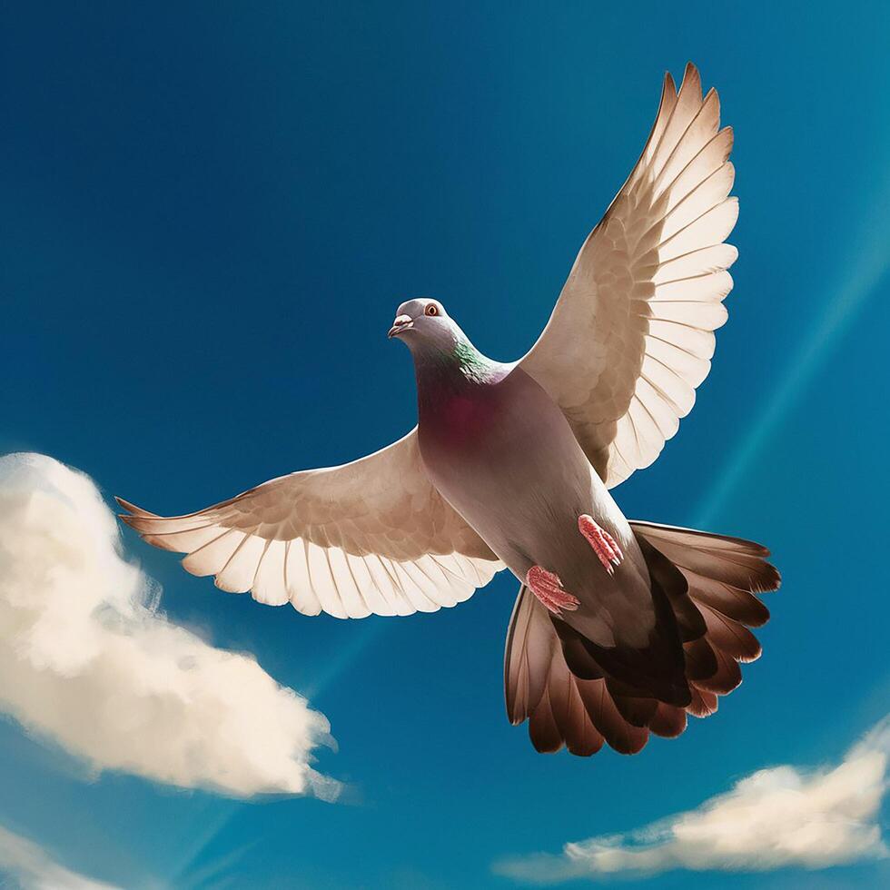 A Photo of flying pigeon against clear blue sky