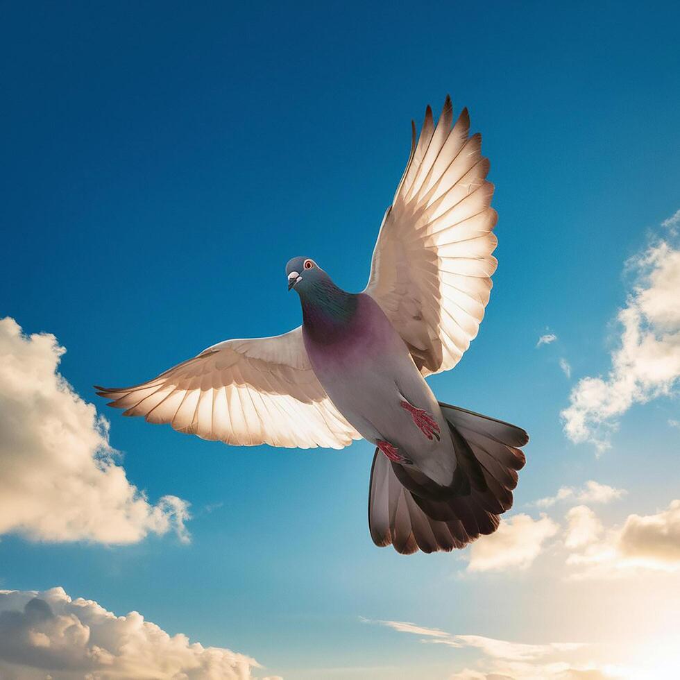 A Photo of flying pigeon against clear blue sky