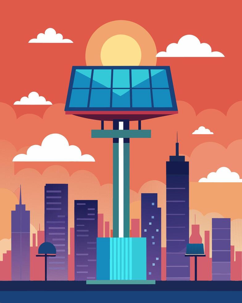 A futuristic billboard towering over the city powered entirely by the sun.. illustration. vector