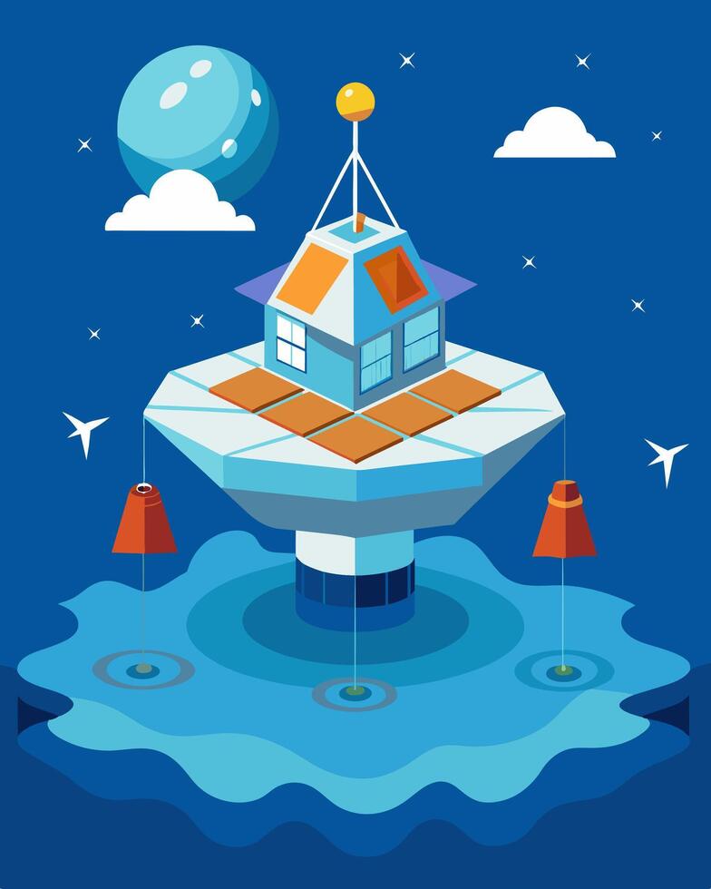 A floating research station in the middle of the ocean powered by solar panels integrated into the surface of the structure.. illustration. vector