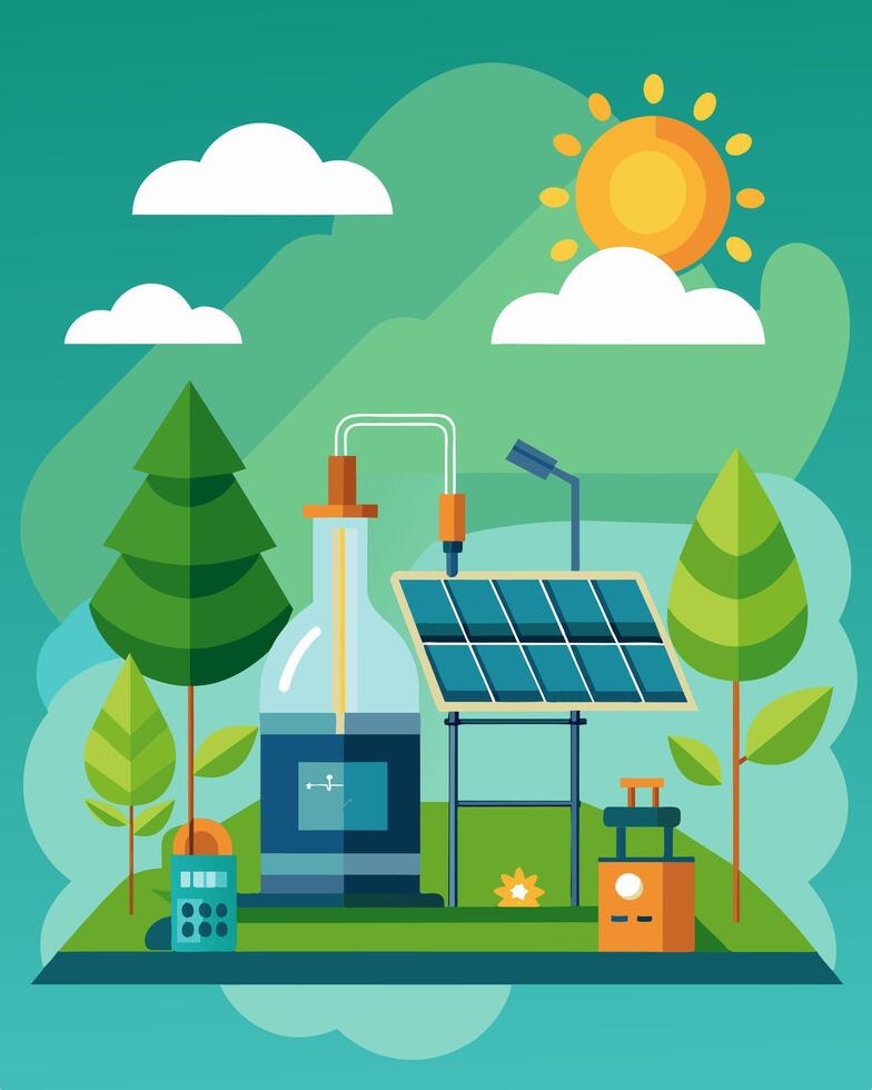 A fully equipped outdoor biology lab powered by solar energy allowing students to conduct experiments and research in a natural setting.. illustration. vector