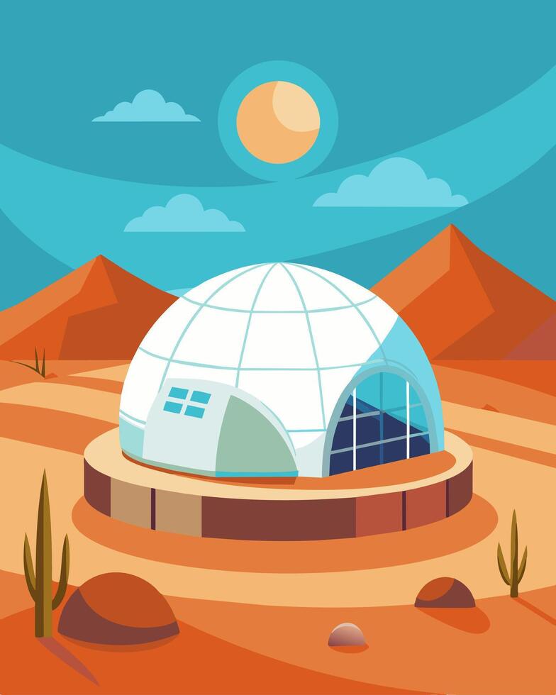 A futuristic domeshaped home in the desert relying solely on solar power to keep its occupants comfortable in the scorching heat.. illustration. vector