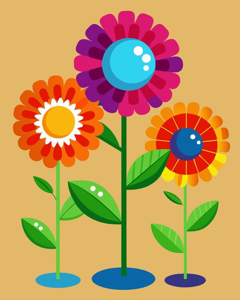 A group of colorful oversized flowers each one equipped with solar panels to power their vibrant blooming petals.. illustration. vector