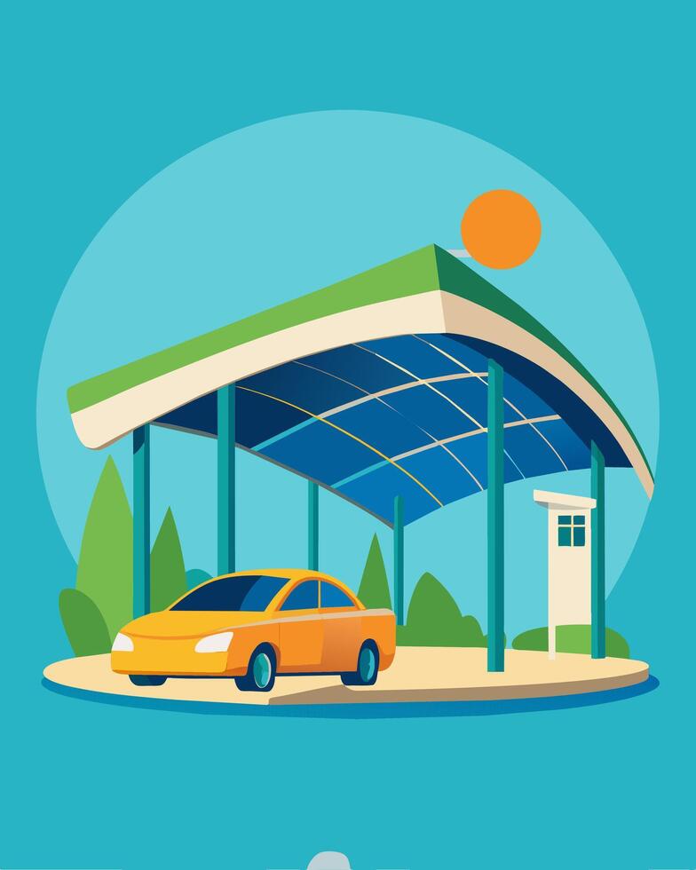 A futuristic carport with a curved roof made entirely of solar panels for an ecofriendly approach to parking.. illustration. vector