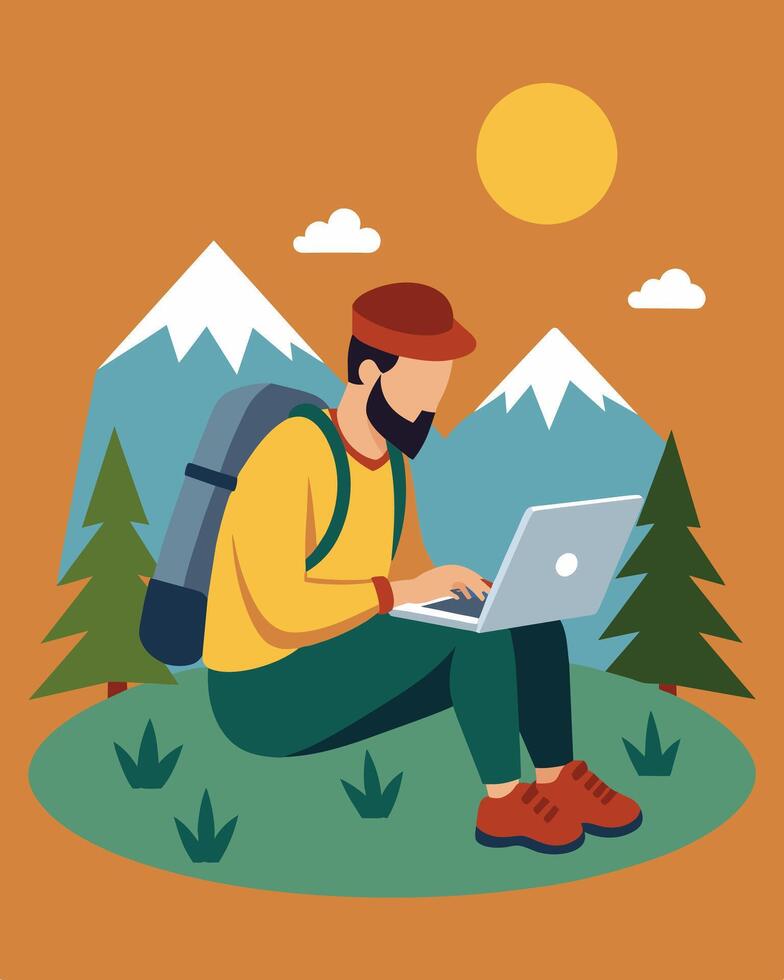 A hiker typing away on a rugged durable laptop that is powered by the sun while they explore the vast wilderness.. illustration. vector