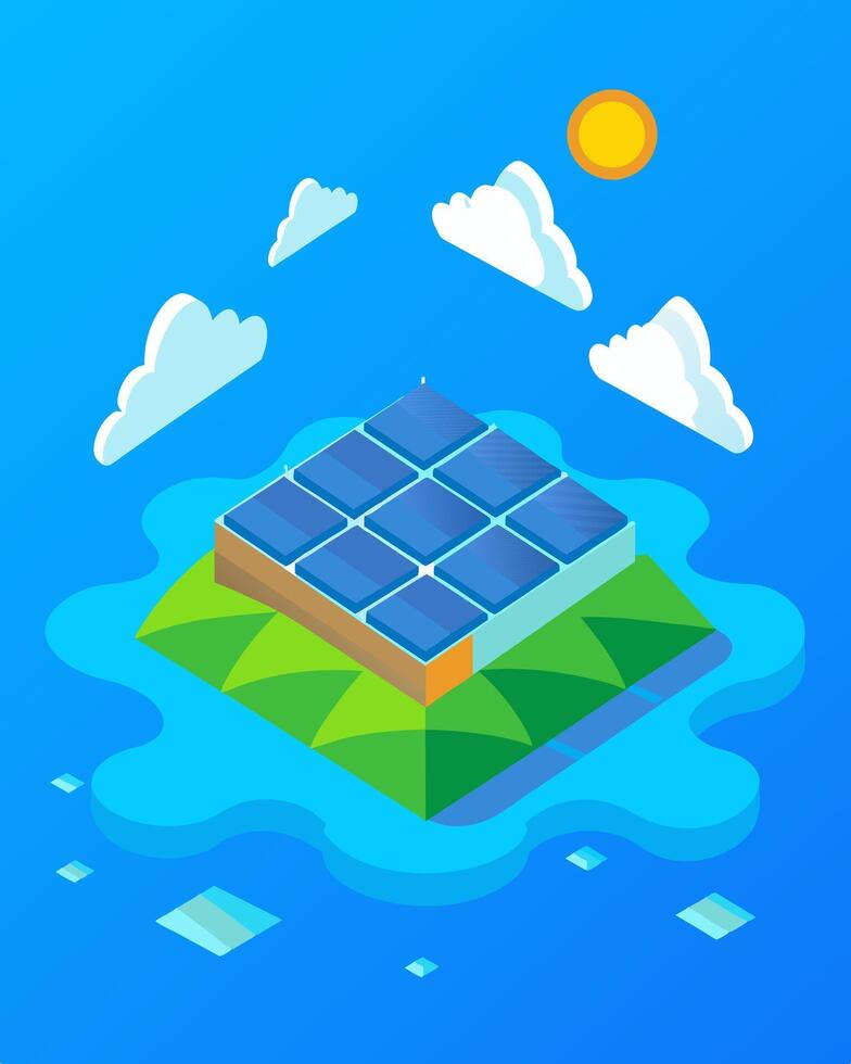 A floating solar farm on a vast blue ocean providing renewable energy to nearby islands.. illustration. vector