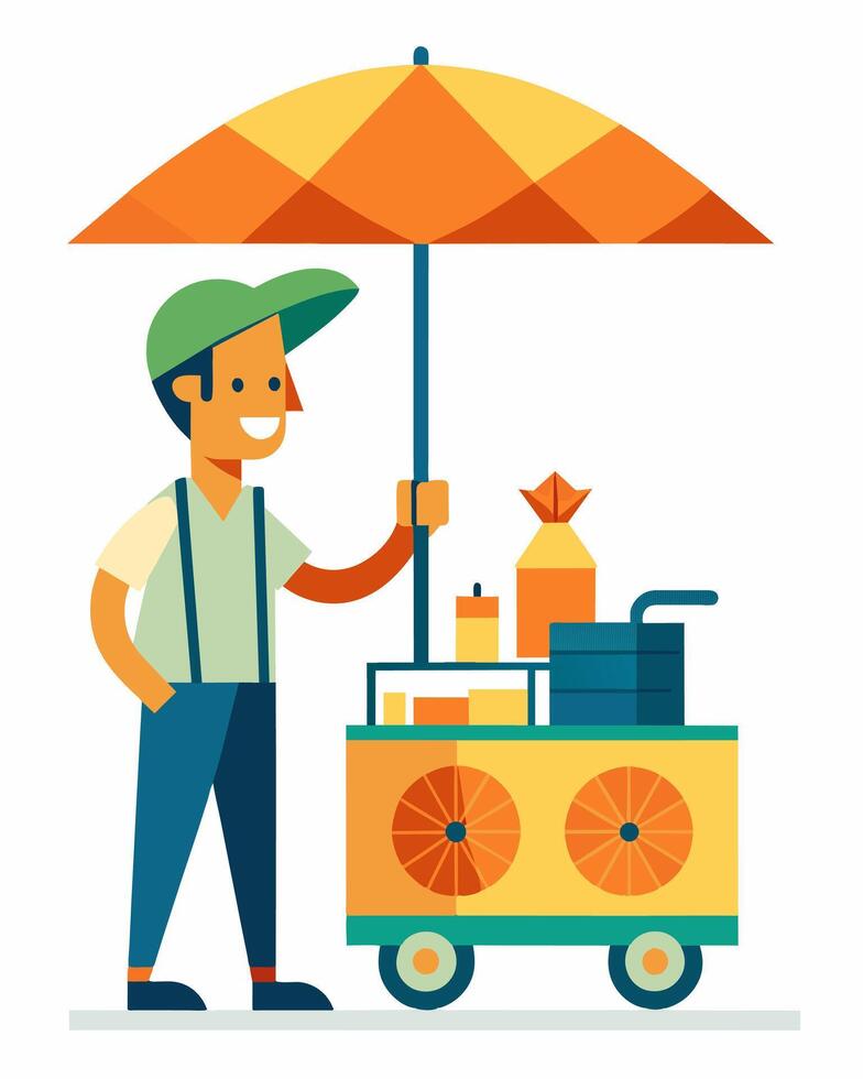 A friendly vendor selling a variety of handmade goods from their solarpowered cart which also doubles as a portable fan to keep customers cool on warm days.. illustration. vector