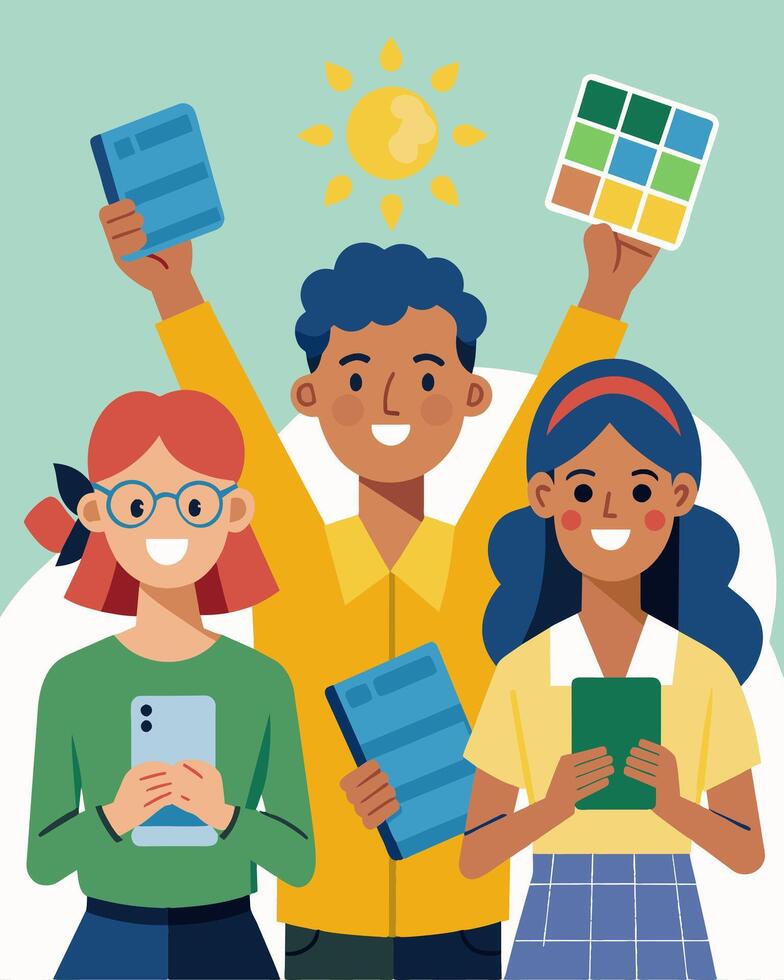 A group of library staff members proudly showing off their new solarpowered library cards which also serve as a way to educate patrons about the benefits of renewable energy.. vector