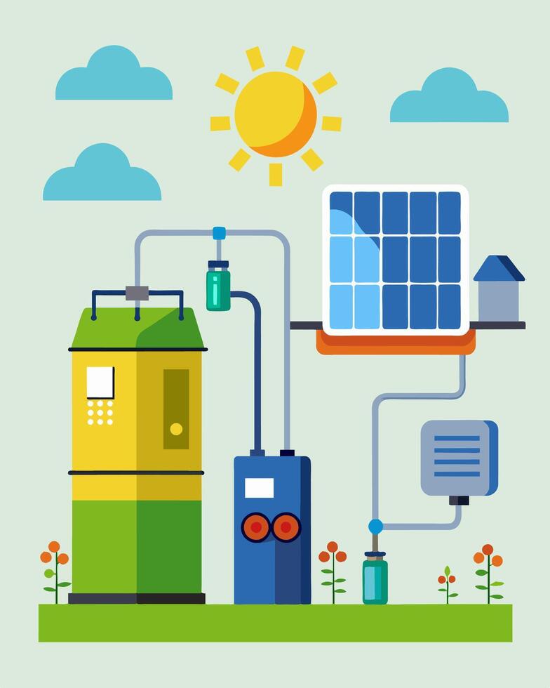 A fully integrated solarpowered water purification system selfsufficient and ideal for offgrid living.. illustration. vector