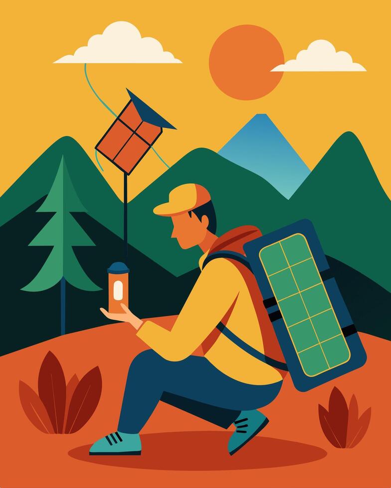 A hiker paused on the trail to set up their solarpowered battery pack the panels unfurling like wings to catch the warm golden light.. illustration. vector