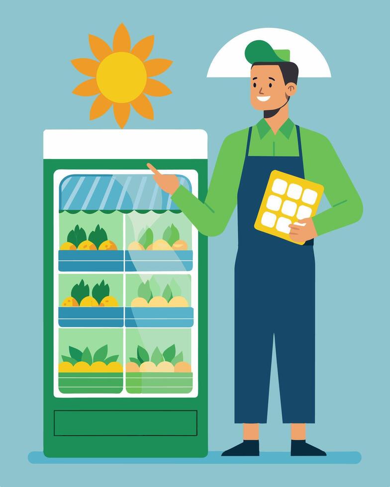 A grocery store manager happily showcases the stores commitment to sustainability by using solarpowered refrigerators to keep their products cool and fresh.. illustration. vector