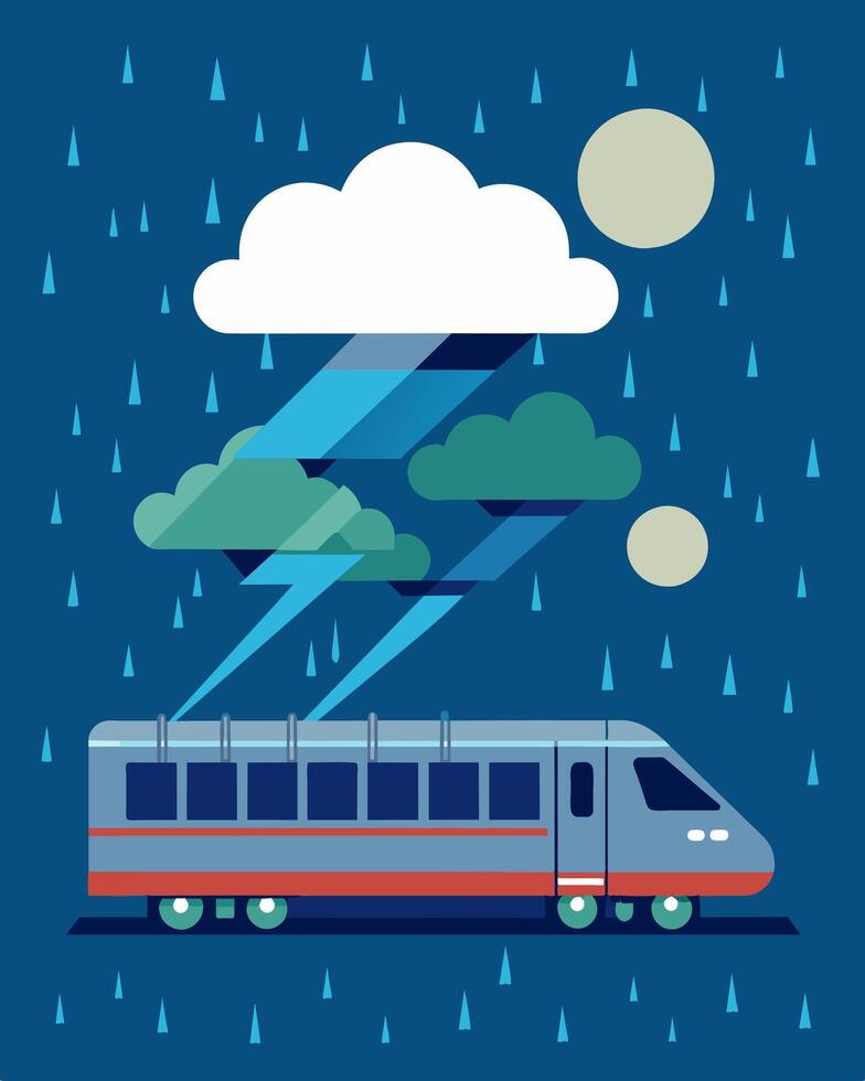 A heavy rainstorm pours down on the train but its solar panels continue to capture energy powering the train through the storm.. illustration. vector
