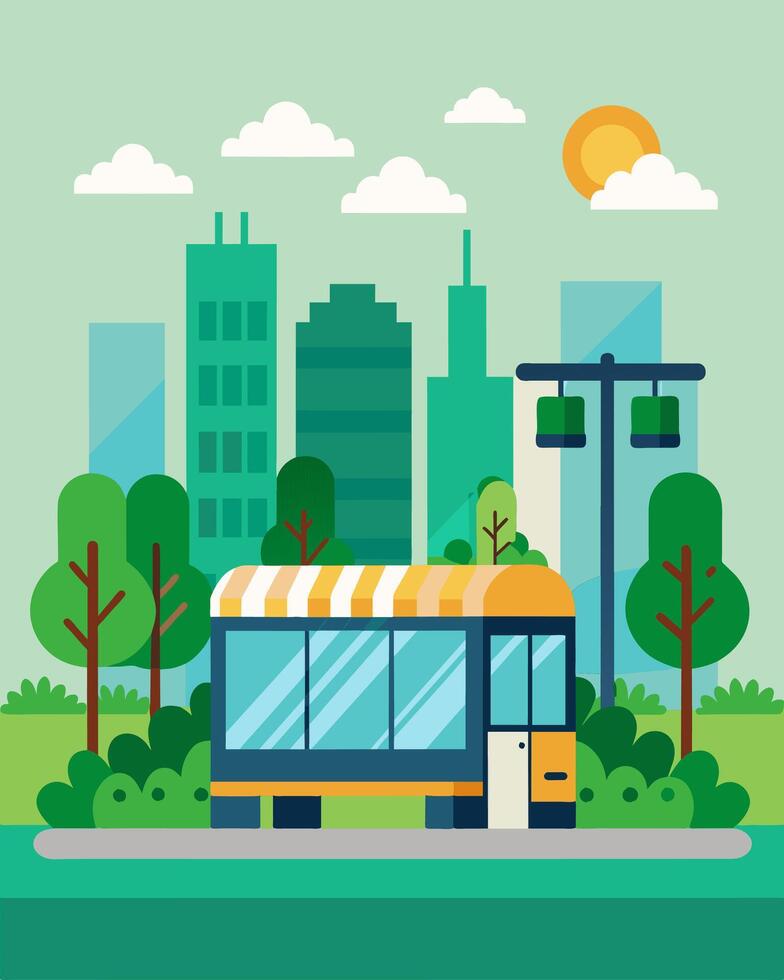 A green space within the city featuring a solarpowered bus stop that also has vertical gardens to promote air purification.. illustration. vector
