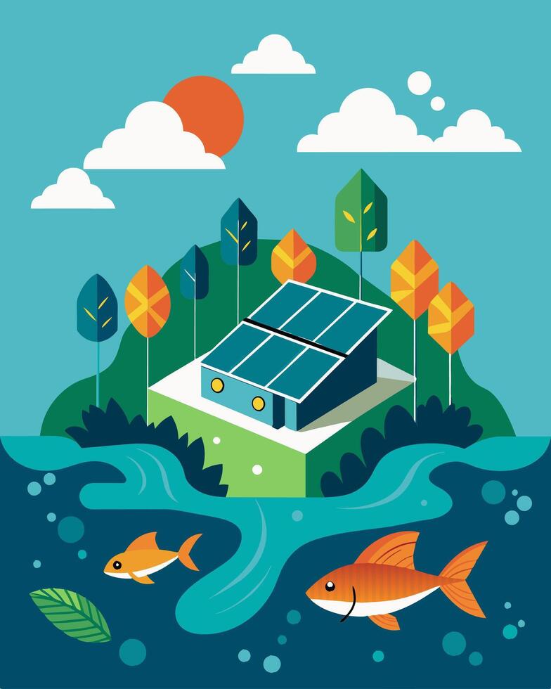 A harmonious blend of nature and technology where solarpowered fish farms coexist peacefully with the surrounding ecosystem.. illustration. vector