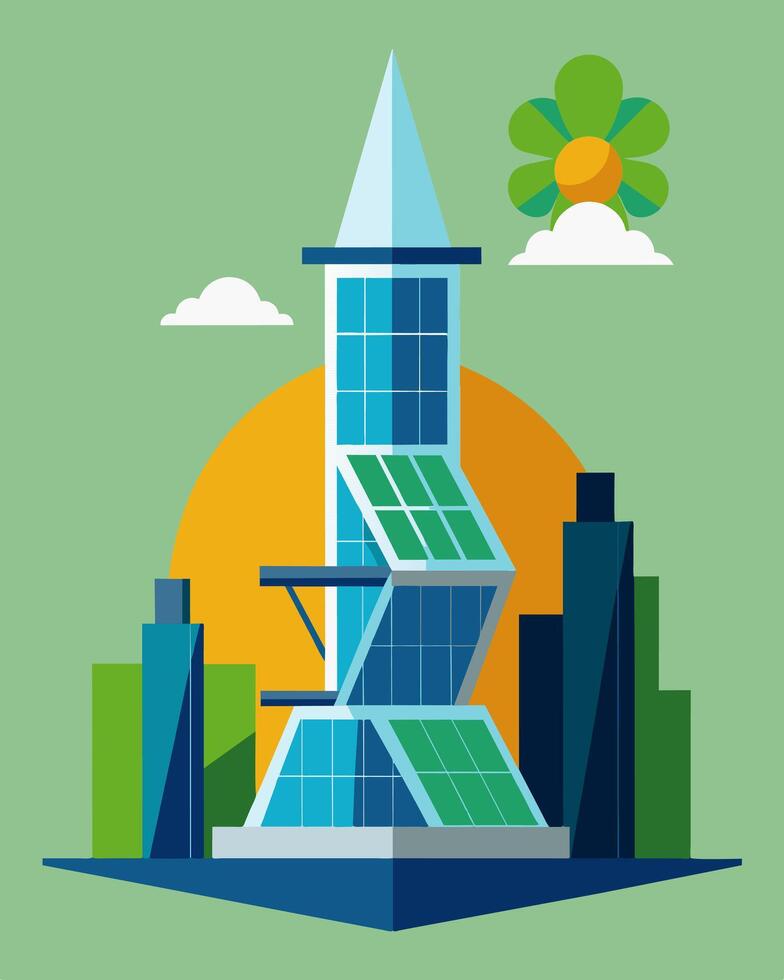 A fusion of modern architecture and ecofriendly technology a skyscrapers solar panels are crafted into unique shapes adding visual interest to the building.. illustration. vector