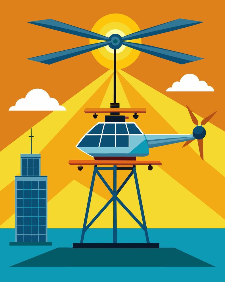 A helicopter approaches the offshore rig its solar panels shining brightly in the sunlight giving a hint of the innovative technology being used in the oil industry.. illustration. vector