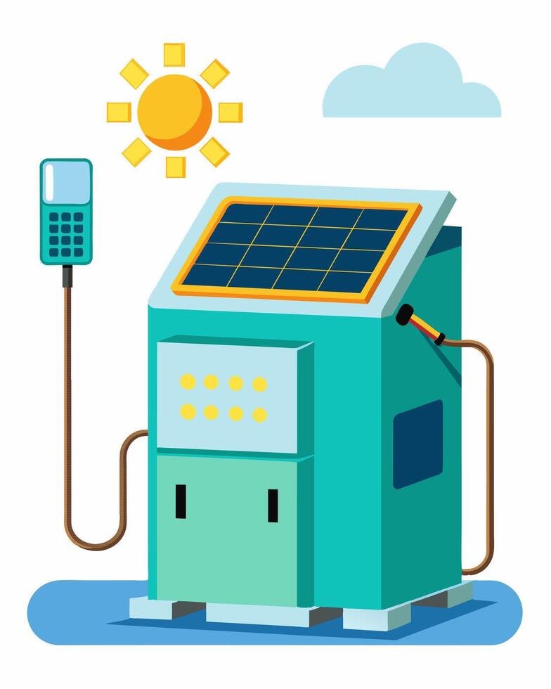 A fixed ice maker powered by solar panels ideal for remote or rural areas with limited access to electricity.. illustration. vector