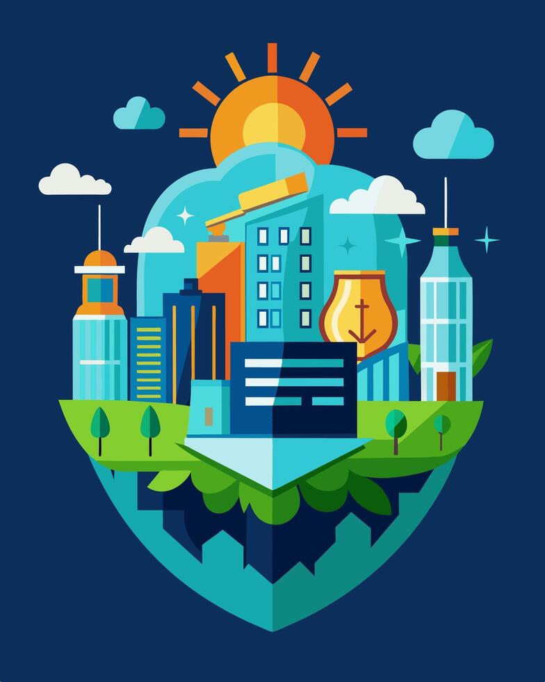 A futuristic city protected from pollution and extreme weather events with the help of solar energy.. illustration. vector