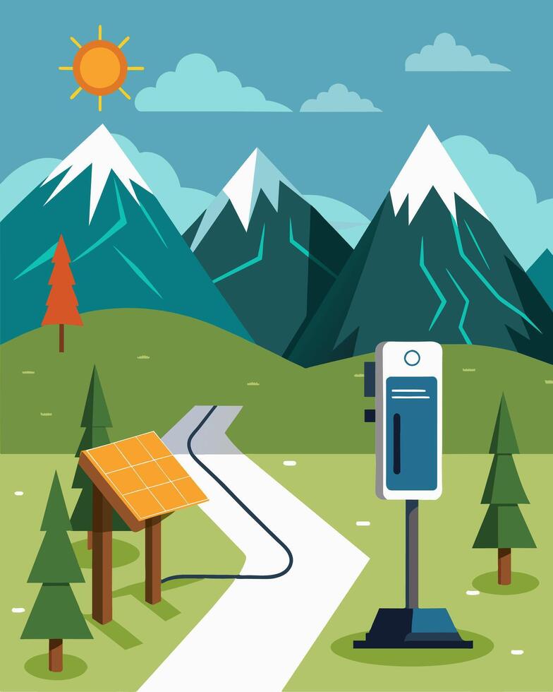 A hiking trailhead features a solarpowered charging station encouraging hikers to safely take their devices with them on their nature excursions without worrying about battery. vector