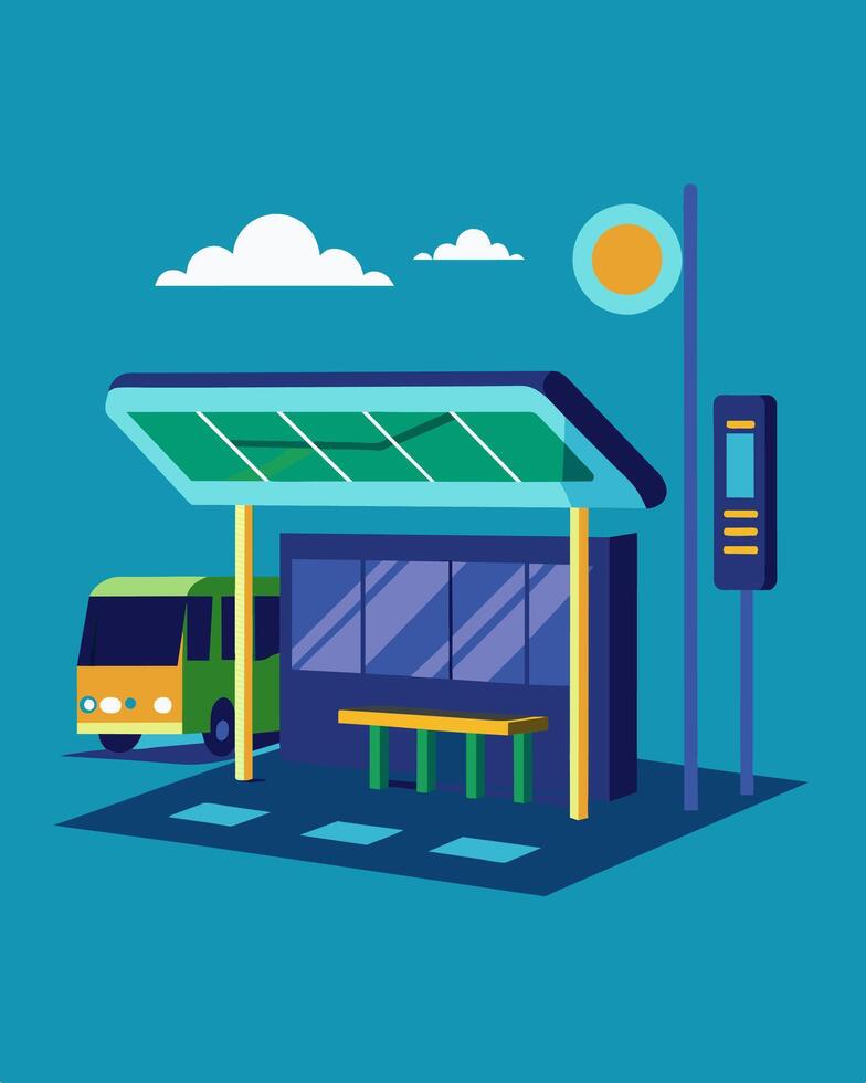 A futuristic bus stop that utilizes solar energy to power screens displaying realtime bus arrival timings.. illustration. vector