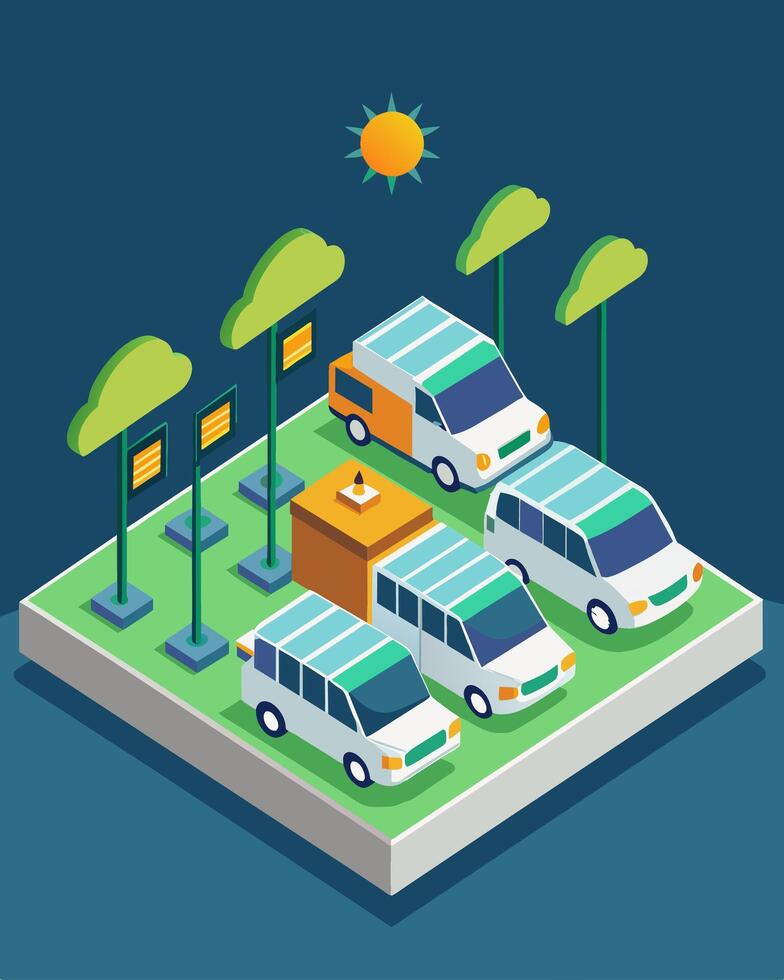 A group of solarpowered autonomous vehicles line up outside a charging station waiting to replenish their energy reserves before embarking on their next trip.. illustration. vector