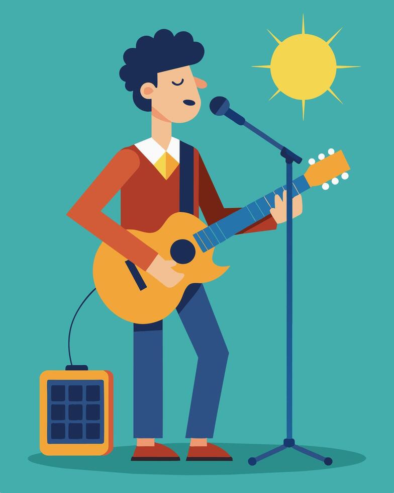 A guitarist serenades an audience with songs played on his solarpowered guitar complete with an attached solar panel for charging.. illustration. vector