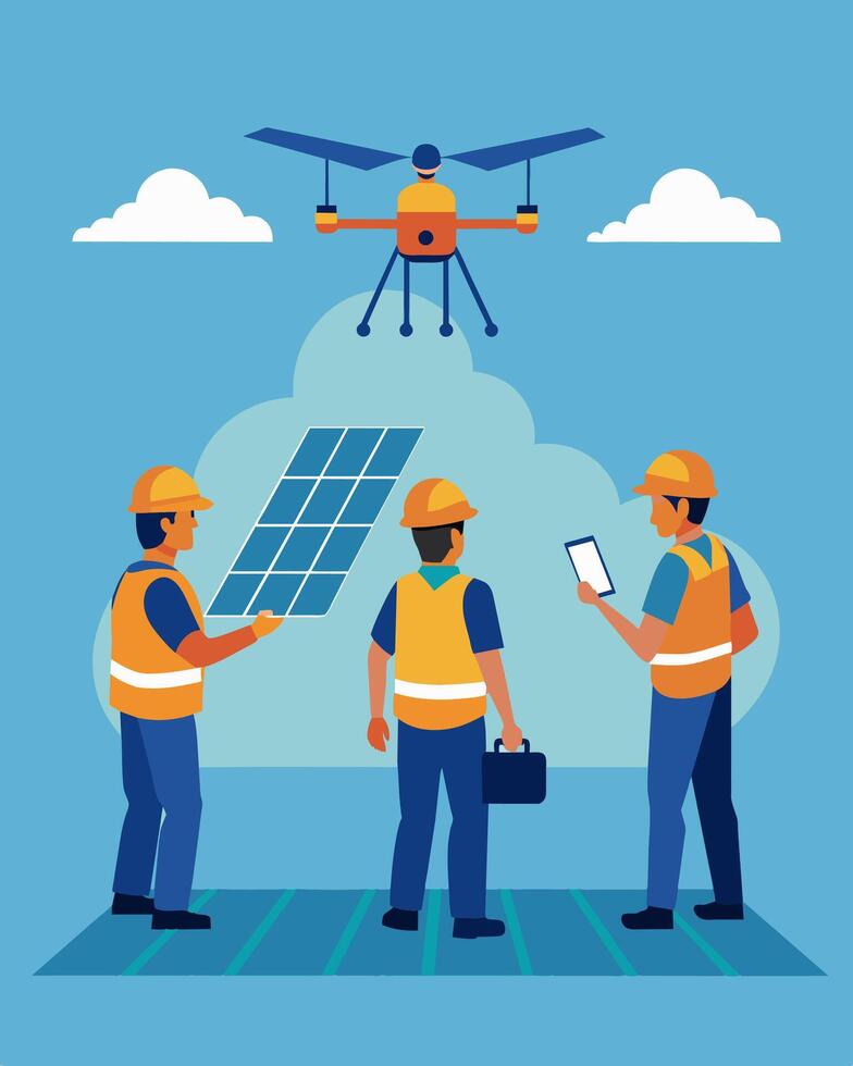 A group of technicians using a drone to survey and assess the condition of solar panels on a remote installation.. illustration. vector
