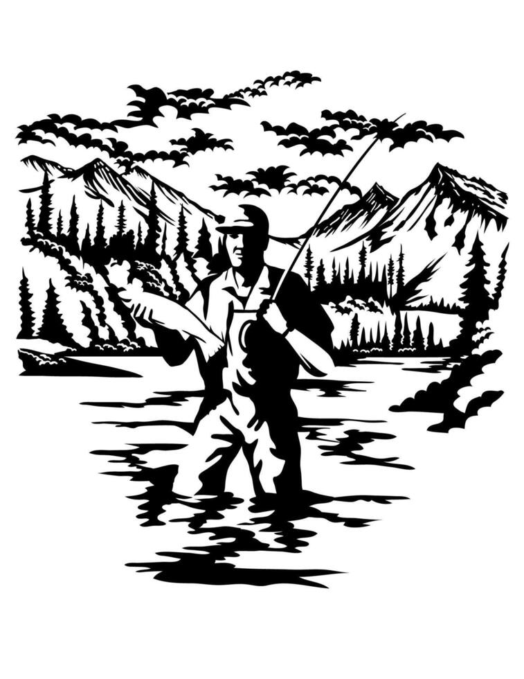 Angler Fly Fishing in Lake Clark National Park Alaska USA Scherenschnitte Paper Cut Style vector