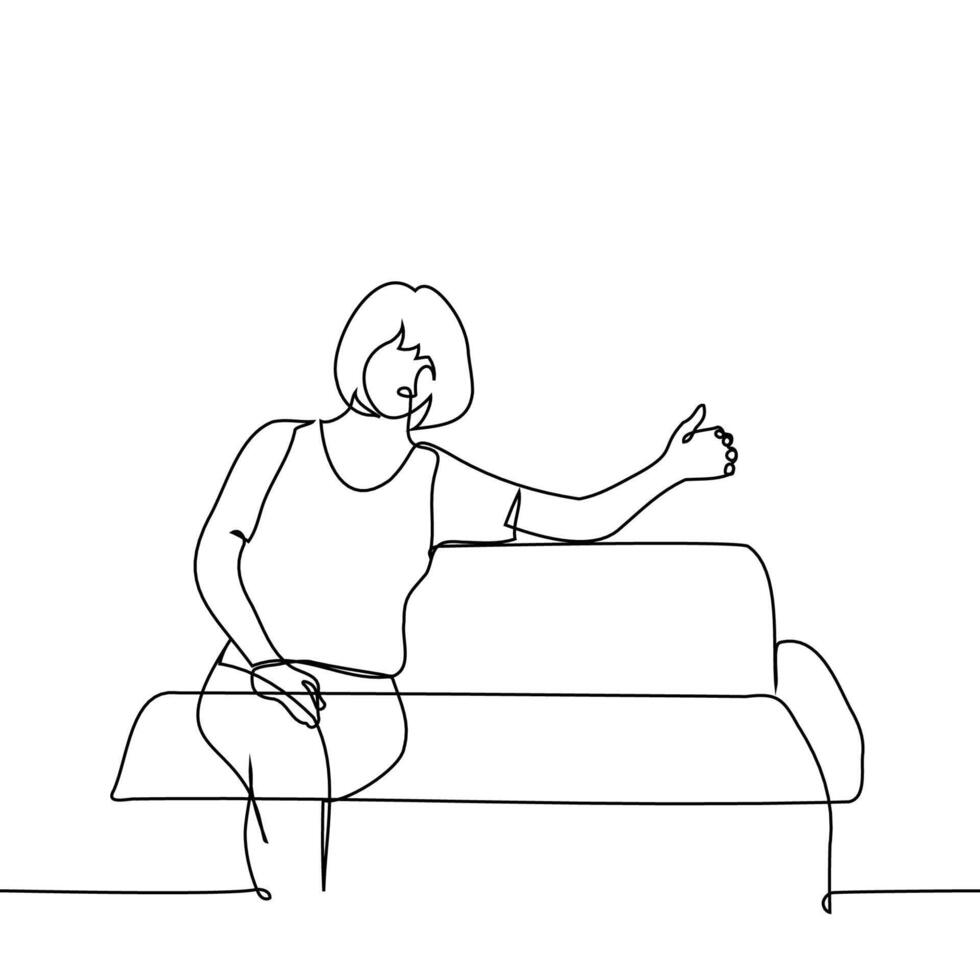woman sits as if hugging a person sitting next to her, but no one is visible - one line art . concept imaginary friend vector